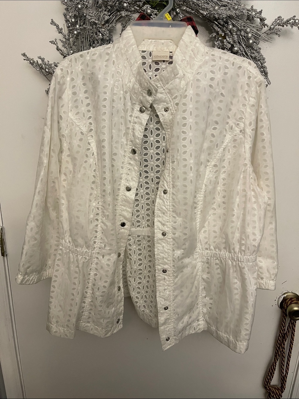 Chico's White Eyelet Snap-Front Utility Jacket